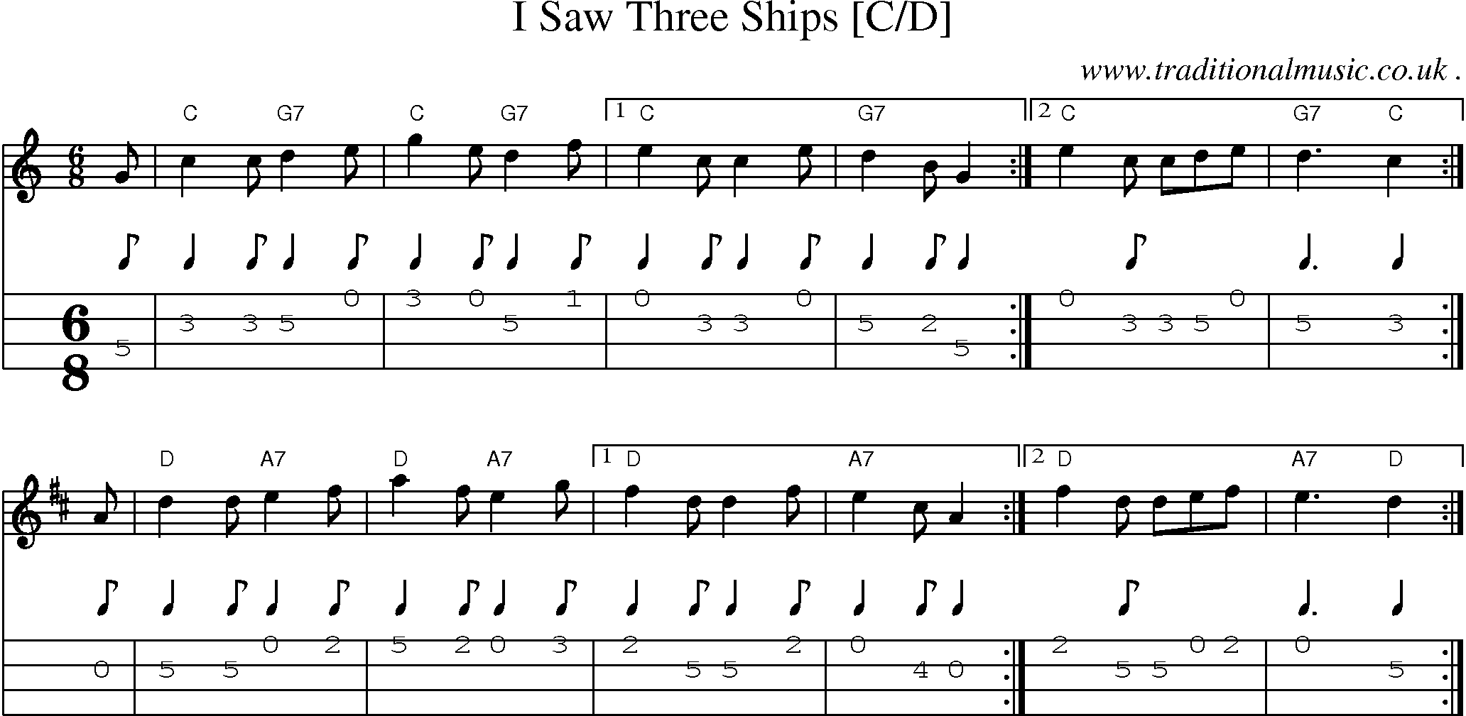 Sheet-music  score, Chords and Mandolin Tabs for I Saw Three Ships [cd]